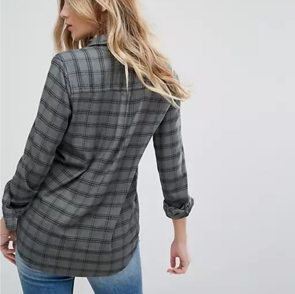 Hollister Check Flannel Boyfriend Shirt. Extra Small. Khaki Stripe/greenish gray - Picture 9 of 9